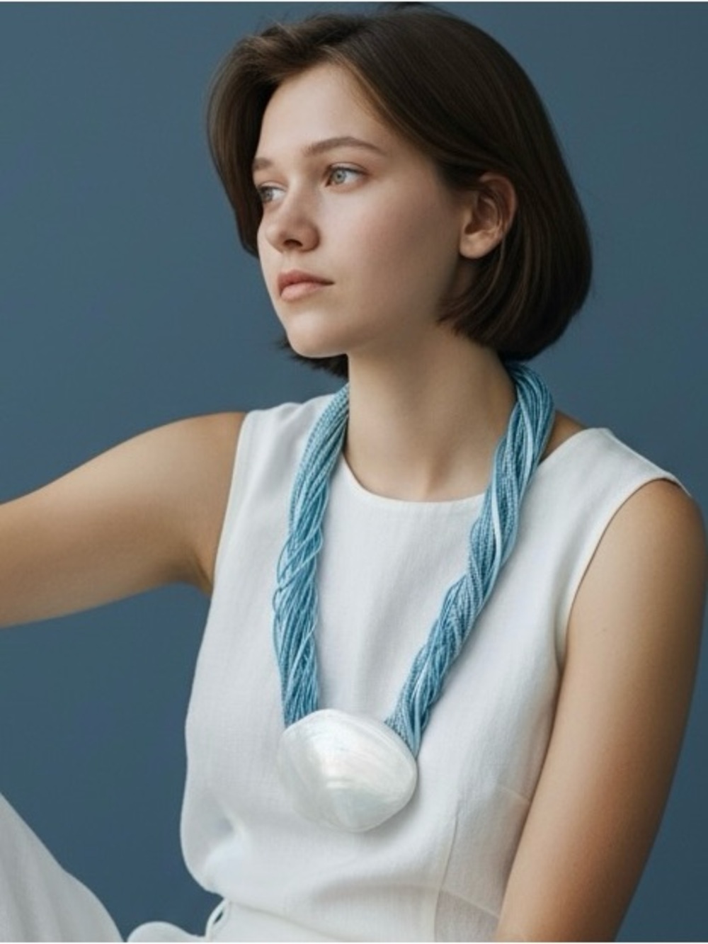 Estate Light Blue Twisted Cord Necklace with Shell Pendant.